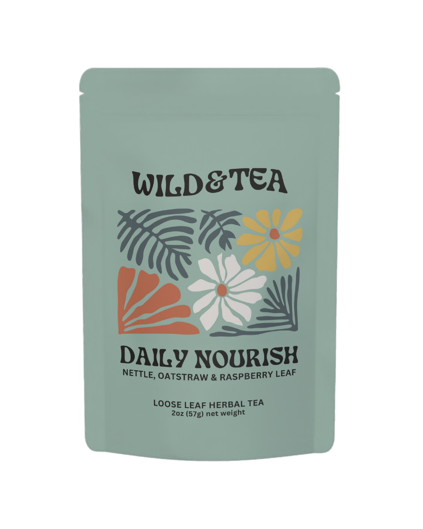 Tea package with 'Wild & Tea' branding and floral design on a white background