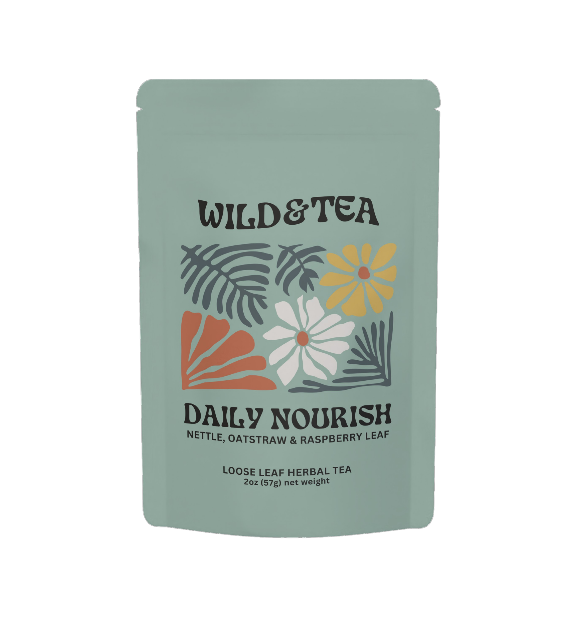Tea package with 'Wild & Tea' branding and floral design on a white background