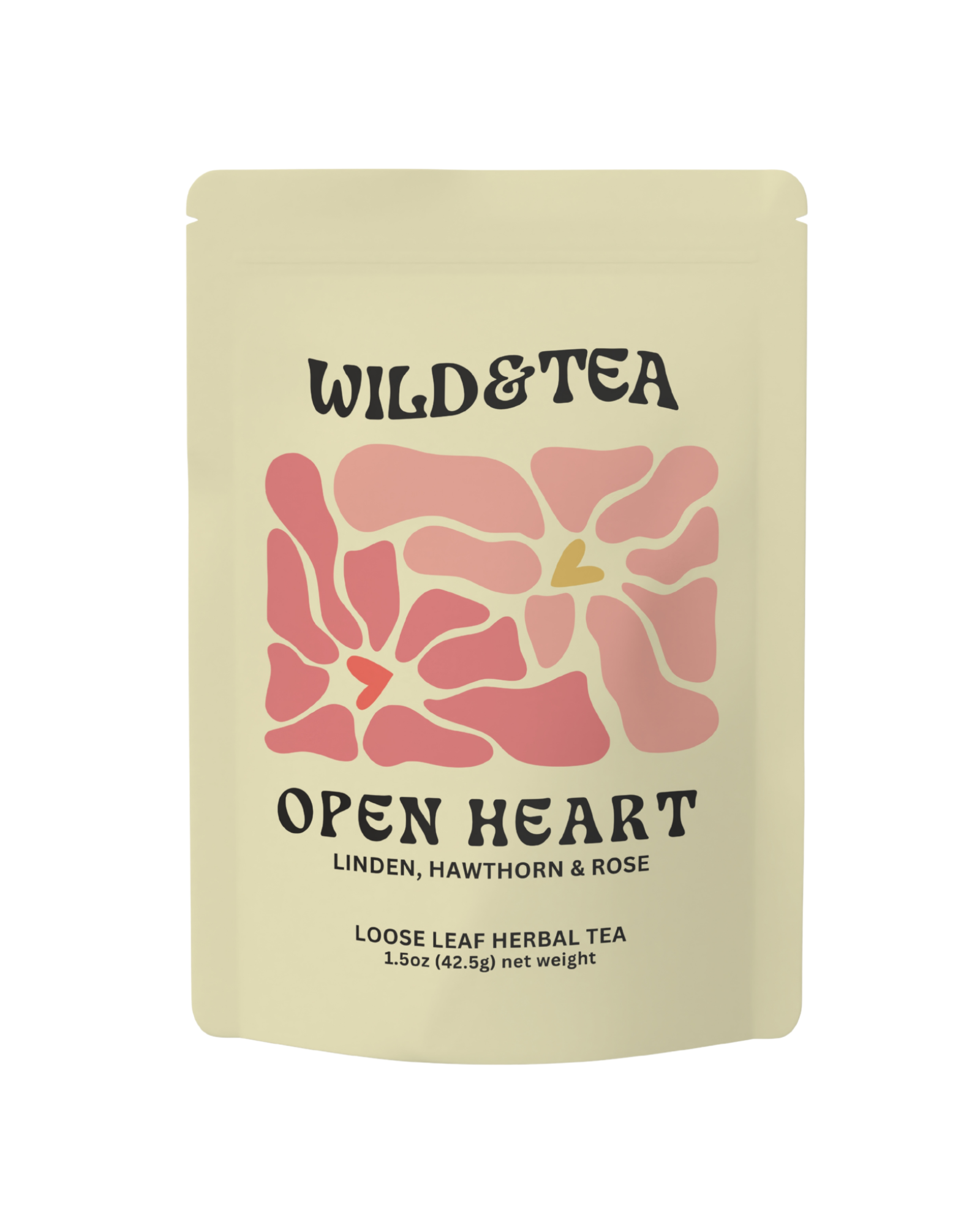 Tea package with 'Wild & Tea' branding and floral design on a beige background