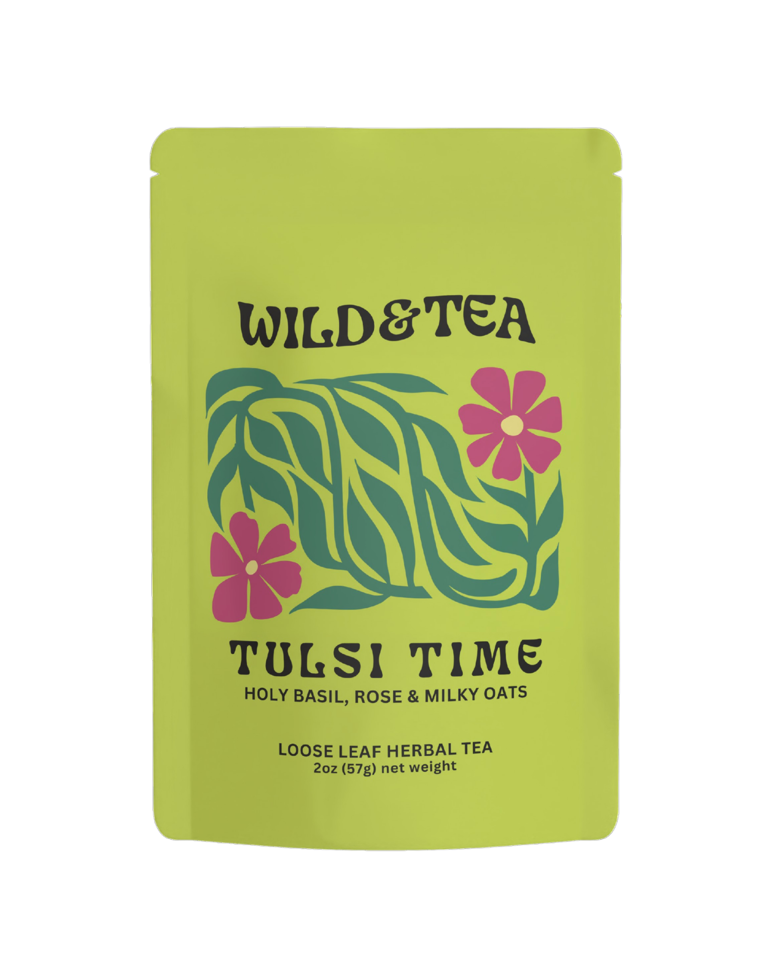 Green tea package with floral design and 'Wild & Tea' branding on a white background