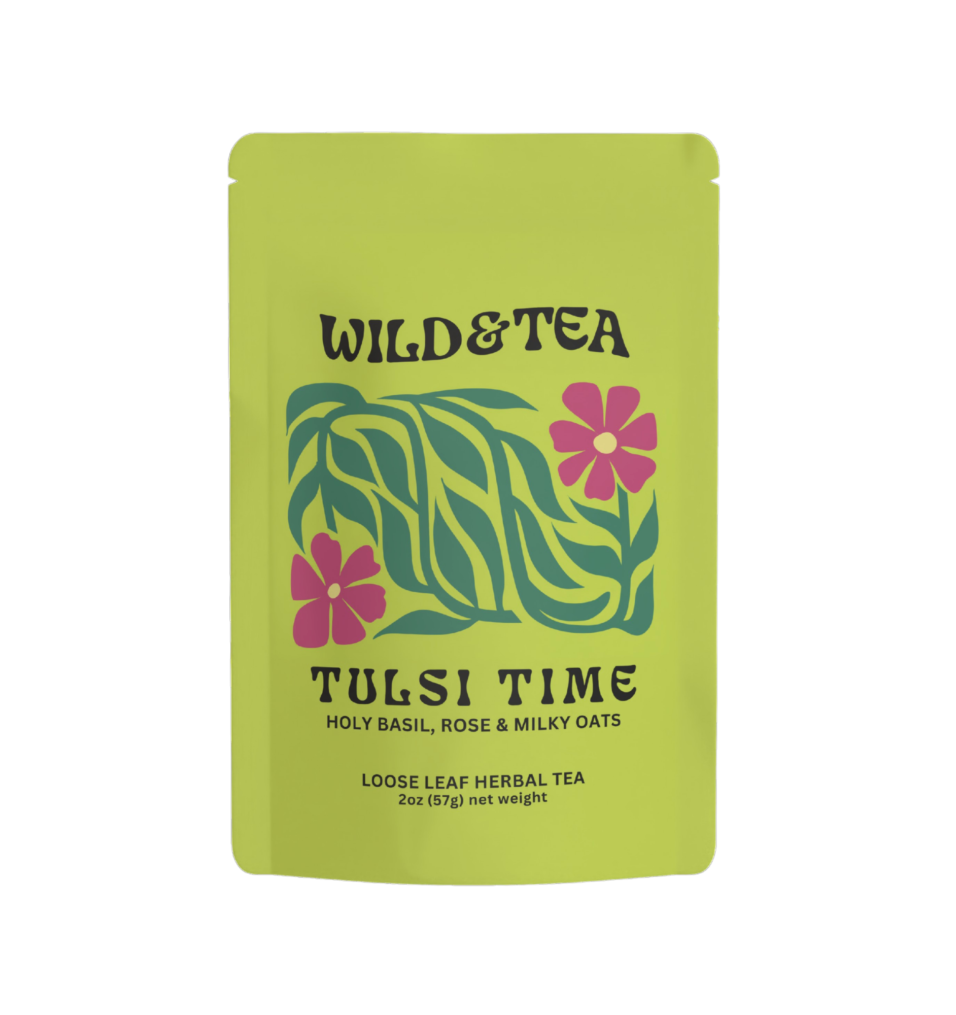 Green tea package with floral design and 'Wild & Tea' branding on a white background