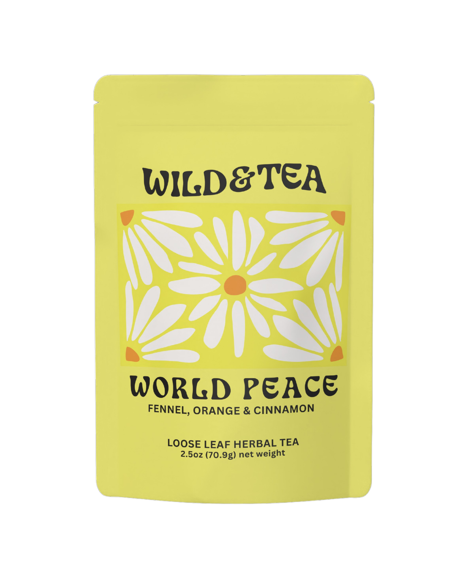Yellow tea package with floral design and 'Wild & Tea' branding on a white background