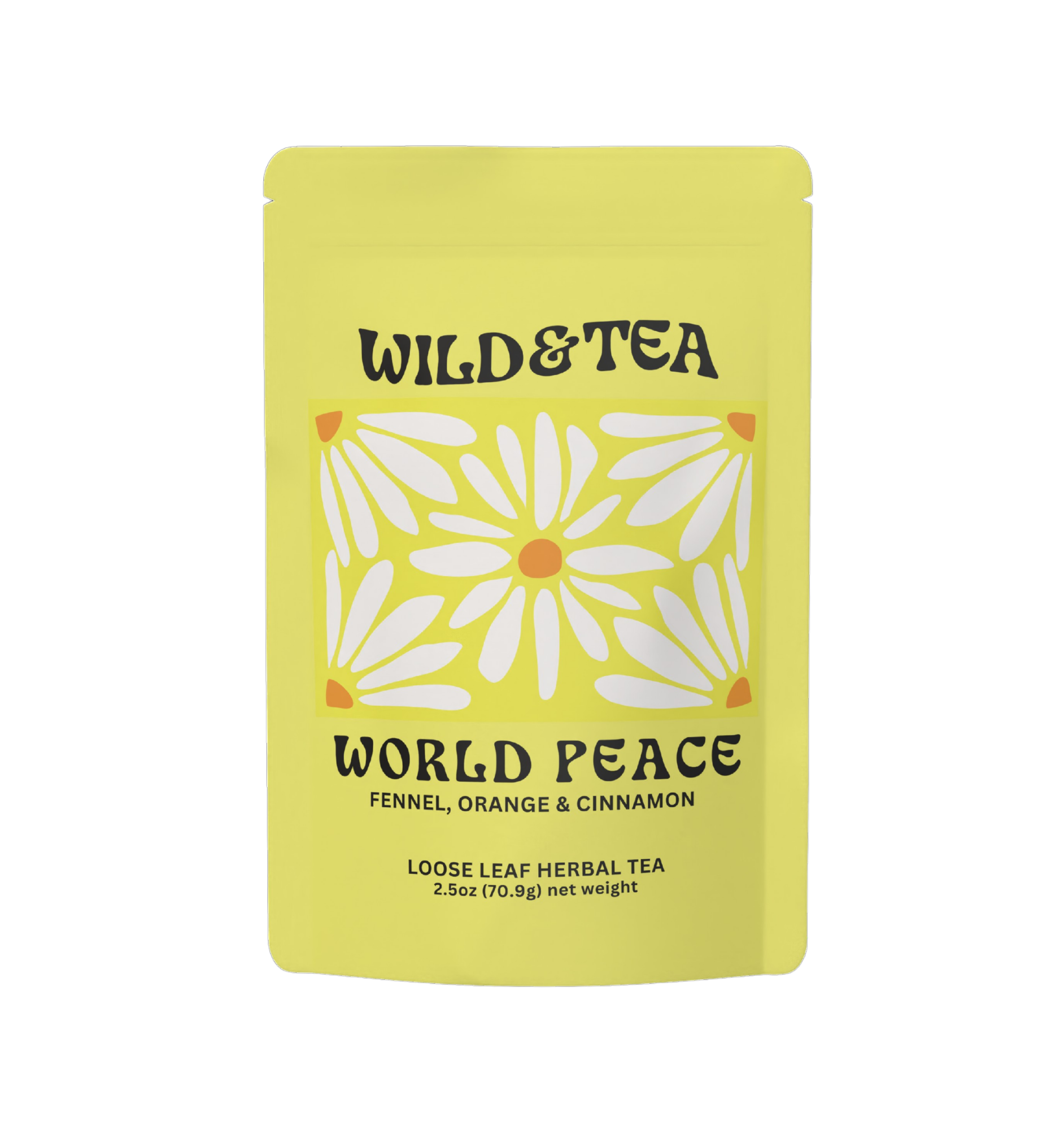 Yellow tea package with floral design and 'Wild & Tea' branding on a white background