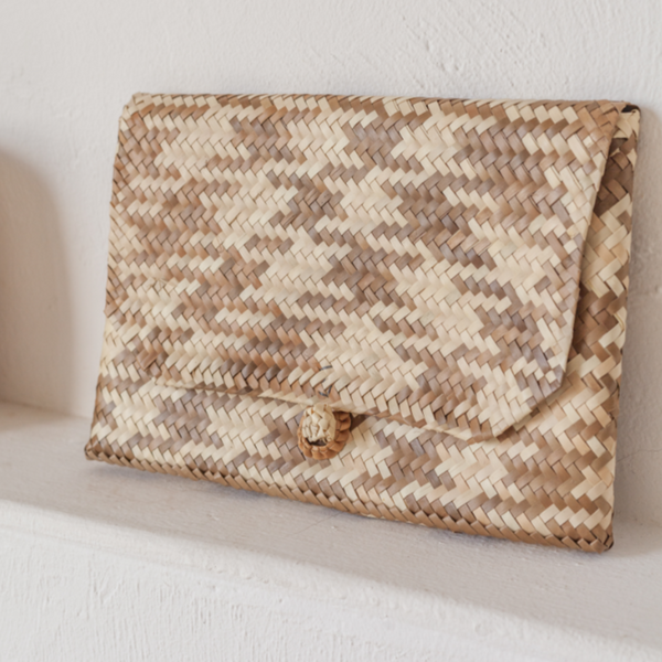 Rattan Clutch in Plaid Motif - Natural