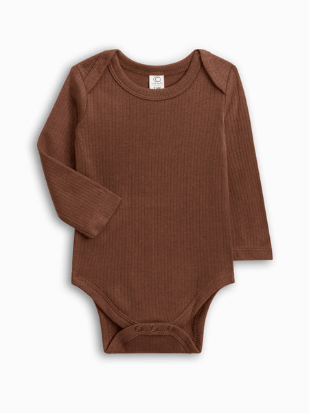 Organic Cotton Ribbed Long Sleeve Bodysuit - Pecan