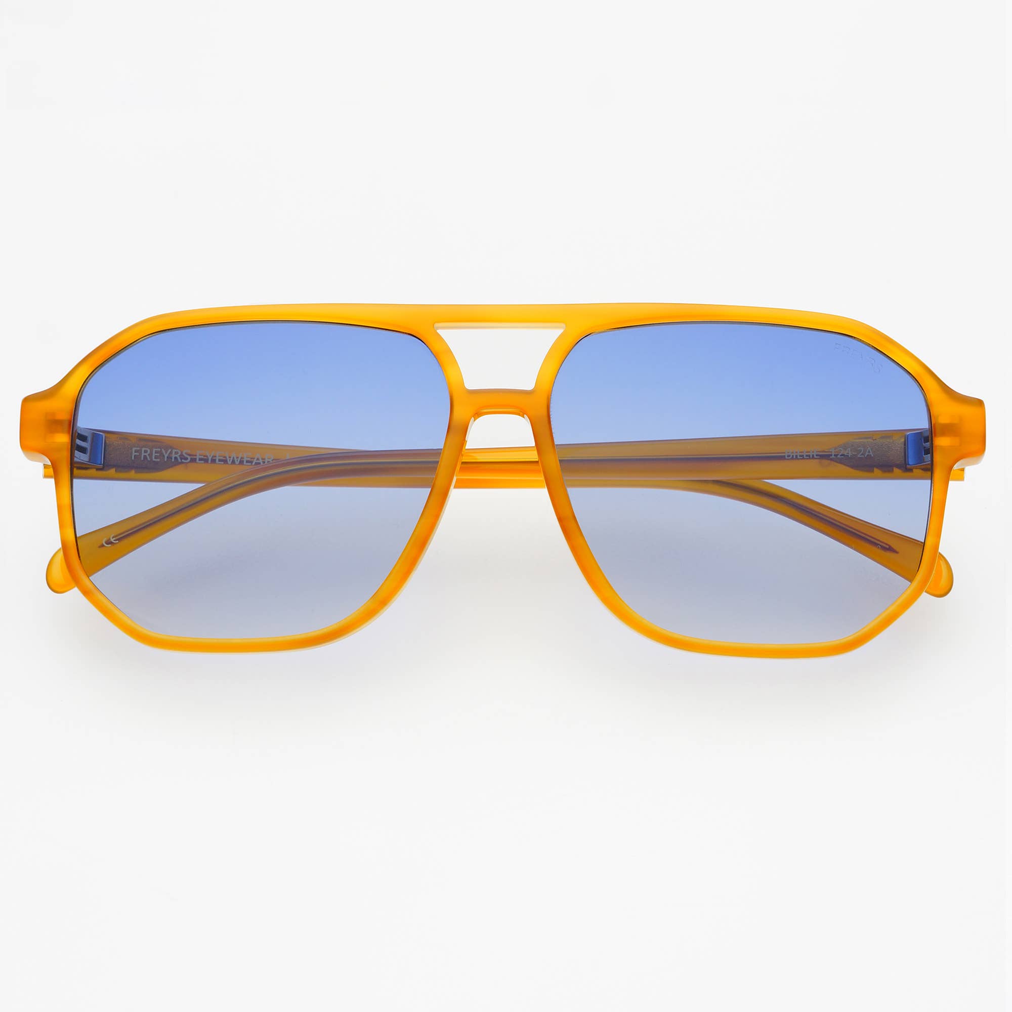 Unisex aviator sunglasses with light brown frames and blue lenses, displayed against a white background.