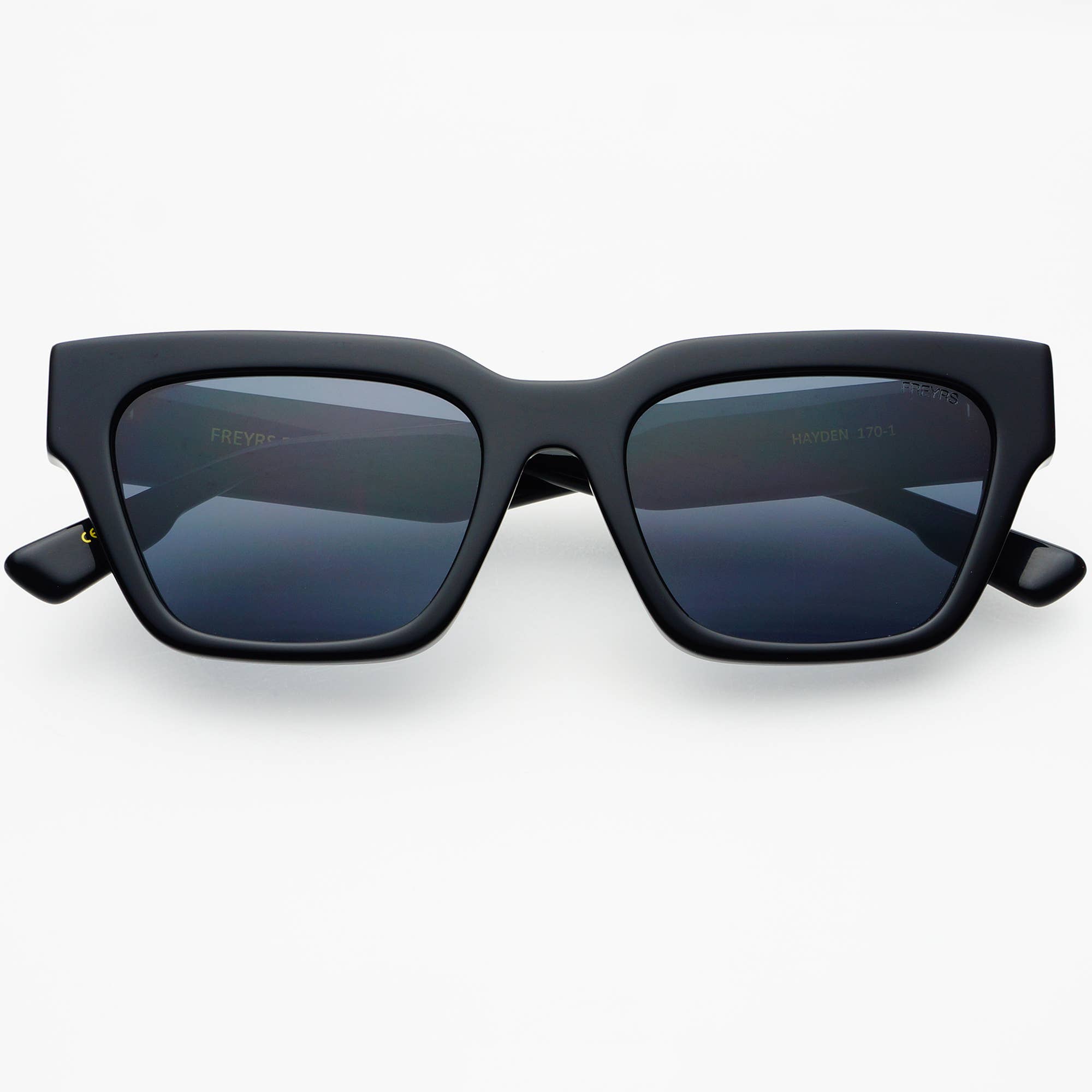 A pair of black rectangular Hayden acetate unisex sunglasses with premium lenses.