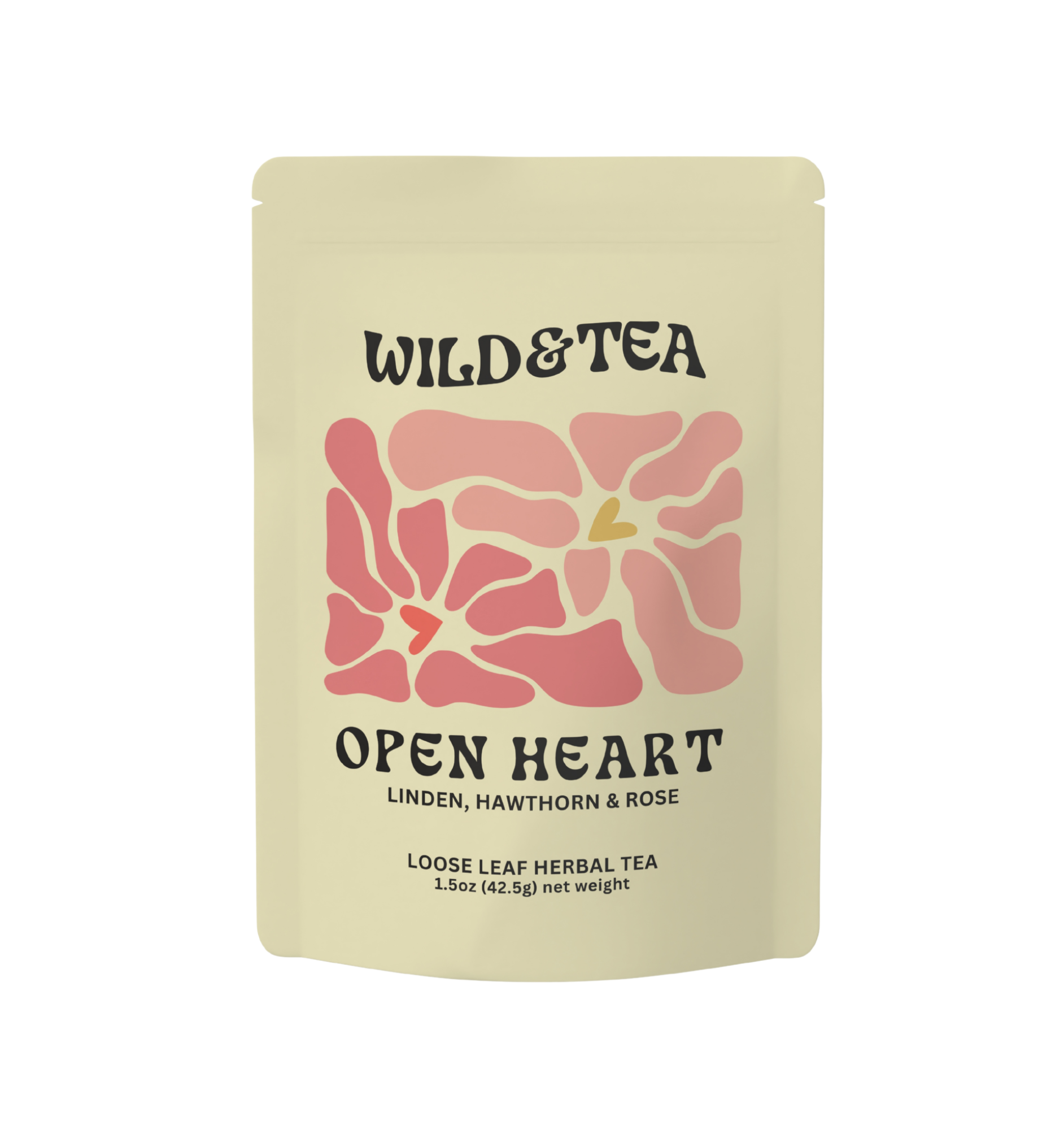 Tea package with 'Wild & Tea' branding and floral design on a beige background