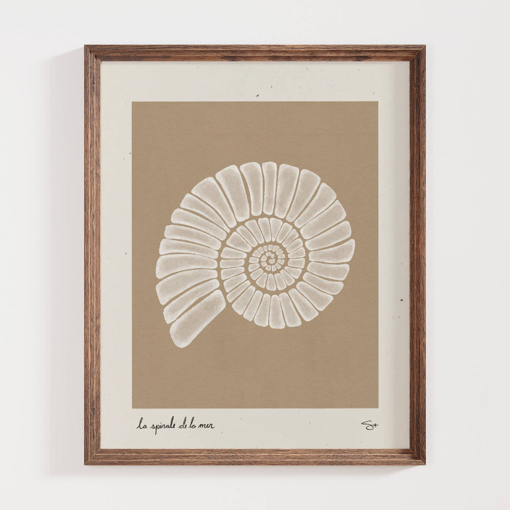 Framed artwork of a white spiral design on a beige background. Product comes unframed.