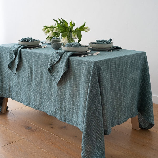 Linen Tablecloth - Arctic Blue, White Window Pane - 67"x120"