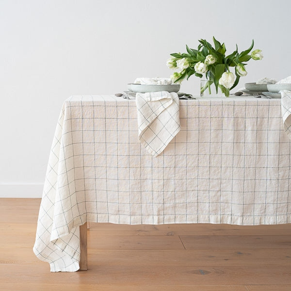 Linen Tablecloth | 67"x120" | White, Arctic Blue Window Pane