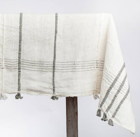 Handwoven Cotton Table Cloth with tassel | White and Grey