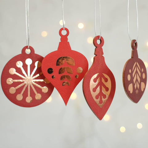 Christmas Tree Decoration Set of 4, Red With Copper