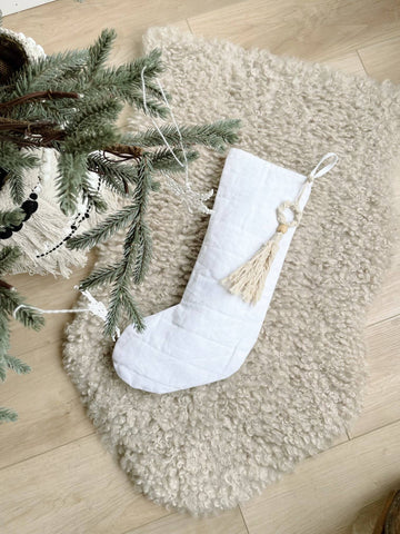 White Linen Blend Bohemian Christmas Stocking