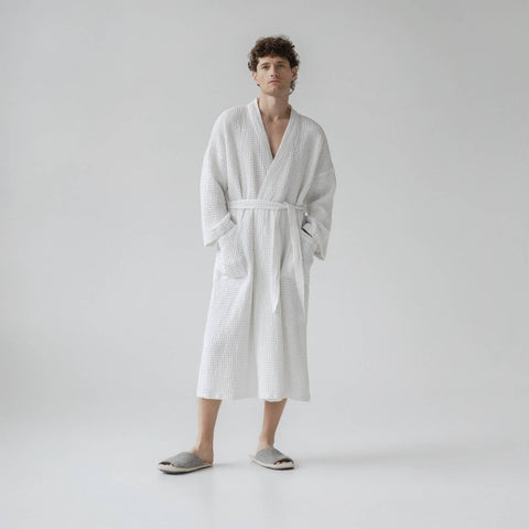 White Linen & Cotton Honeycomb Waffle Bathrobe | L/XL