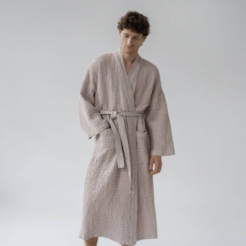 Powder Linen & Cotton Honeycomb Waffle Bathrobe | L/XL