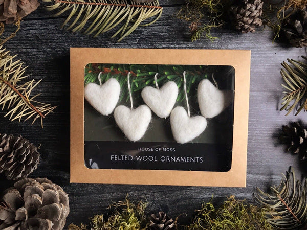 Felted Wool Mini Heart Ornament - Set of 5 - White