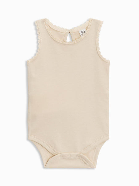 Natural white organic cotton baby tank bodysuit with lace detail.