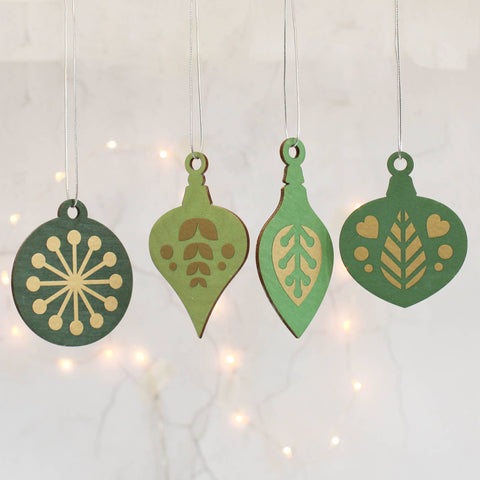 Christmas Tree Decoration Set of 4, Green With Gold