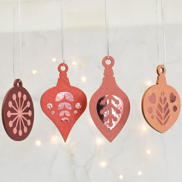 Christmas Tree Decoration Set of 4, Pink With Rose Gold