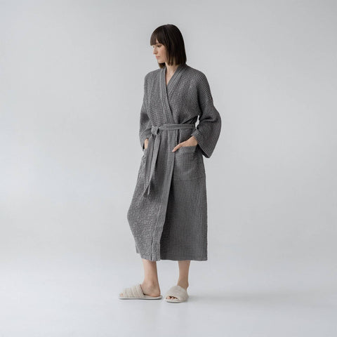 Dark Grey Linen & Cotton Honeycomb Waffle Bathrobe | L/XL