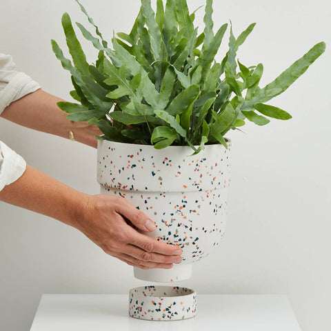 Modern funnel planter in white terrazzo with drainage and tray.