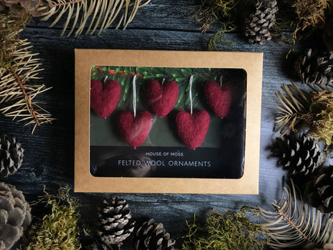 Felted Wool Mini Heart Ornament - Set of 5 - Red