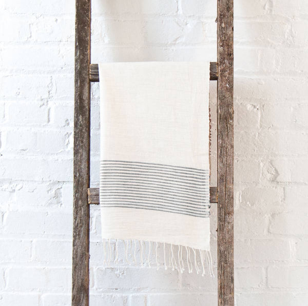 Handwoven cotton hand towel in - Natural with Grey Stripes