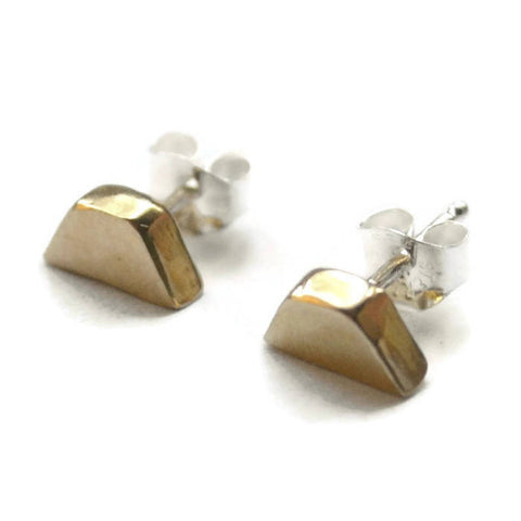 cast brass block stud earrings with sterling silver posts